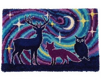 Woodland Night Latch Hook Rug Kits Pre-Printed Canvas with Non-Slip Backing 102x69cm
