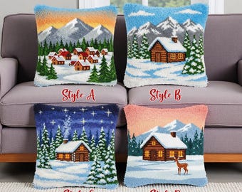 Winter Landscape Latch Hook Kit Snowy Log Cabin Pillow Cover Mountain Decor