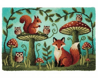 Kit per tappeti con gancio Woodland Fox, tela prestampata con supporto antiscivolo, 102 x 69 cm