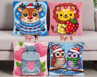 Kits kussensloop met haakhaak, kawaiidieren: rendier, aardbeileeuw, nijlpaardhart, uilen