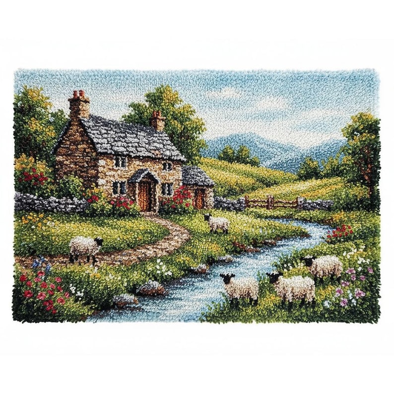 May include: A detailed needlepoint of a quaint cottage scene. The cottage has a stone exterior and a slate roof, with a path leading to the front door. A stream flows through the green meadow, and sheep graze nearby. The sky is blue with a few clouds.
