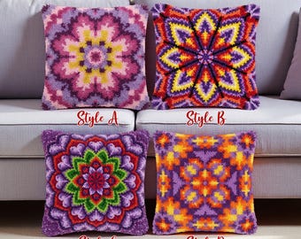 Purple Mandala Latch Hook Kit Floral Geometric Pillow Cover Boho Decor