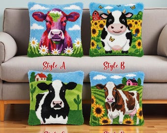 Latch Hook Cushion Kit: Pasture Cattle Art, Sunflower Barn Scene, Colorful Rustic Throw Pillow
