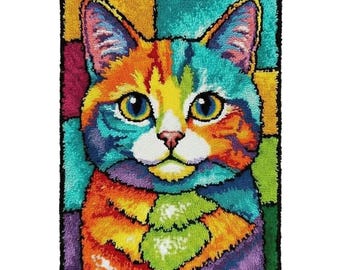 Rainbow Geometric Cat Latch Hook Kit DIY Rug Making Kit Pre-Printed Canvas 69x102cm