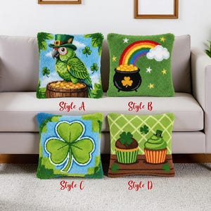May include: Four decorative throw pillows with St. Patrick's Day themes. Styles include a parrot with a hat, a rainbow over a pot of gold, a shamrock, and cupcakes. The pillows are green, blue, and brown.