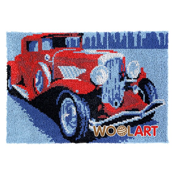 Red Retro Car Latch Hook Rug Kits for Adults Blank Canvas 