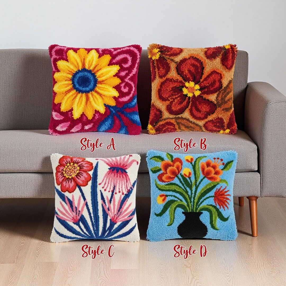 Vibrant Floral Latch Hook Cushion Kit Garden Bloom Rug Making Set Red ...
