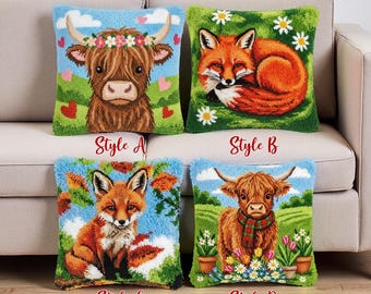 DIY Latch Hook Pillow Kit: Highland Cow Portrait, Forest Red Fox, Plaid Scarf Cow