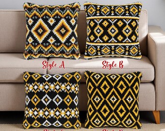 Black Yellow Geometric Latch Hook Kit Tribal Diamond Pillow Cover Modern Decor