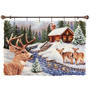 Winter Deer Stream Latch Hook Rug Kits Pre-Printed Canvas with Non-Slip Backing 102x69cm