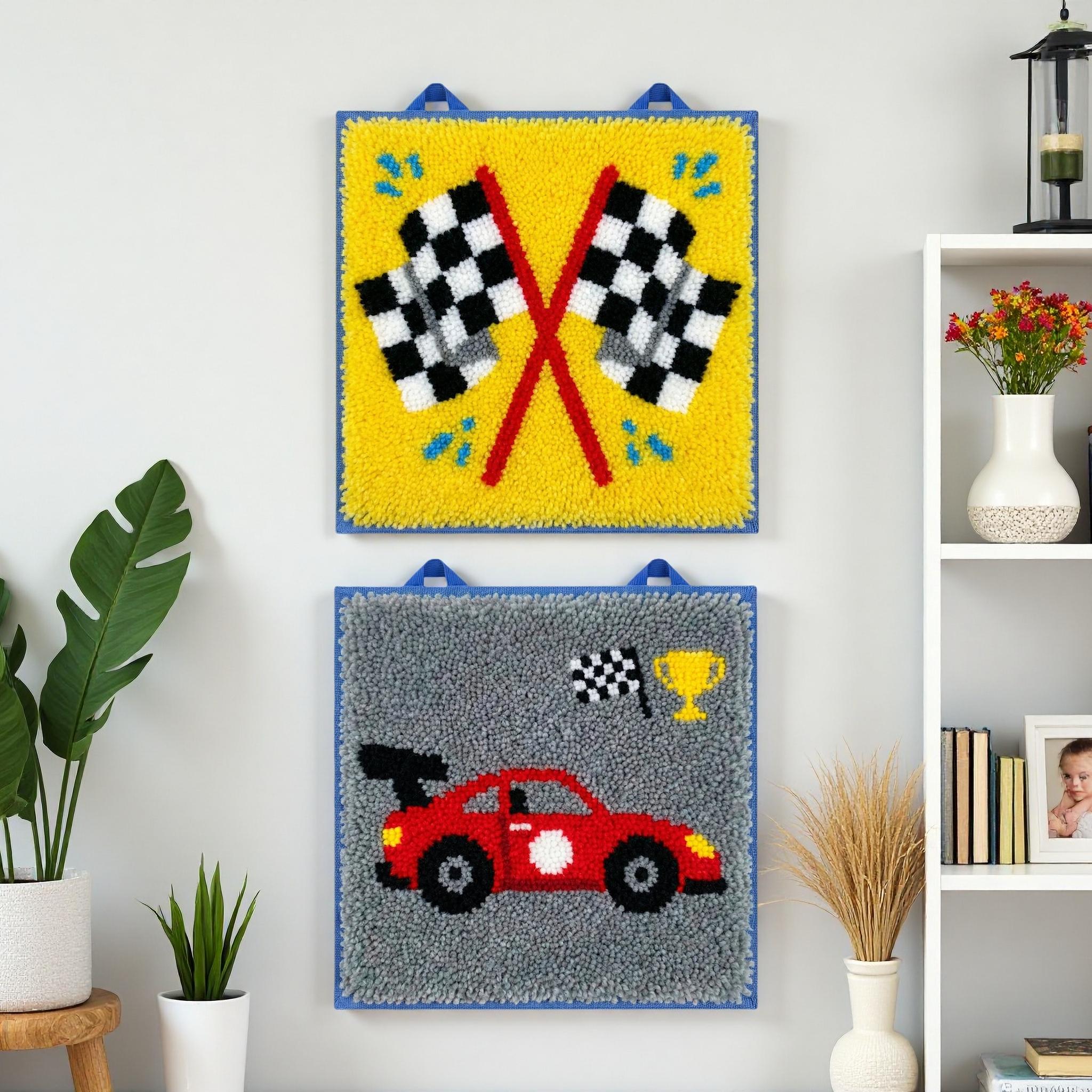 Race Car Checkered Flag Latch Hook Kit Beginner Rug Making Craft