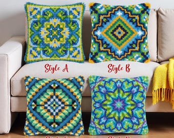 Blue Green Mandala Latch Hook Kit Kaleidoscope Pattern Cushion Cover DIY Craft