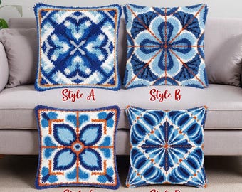 Coastal Home Decor Latch Hook Pillow Kit Blue Mandala Cushion Yarn Art
