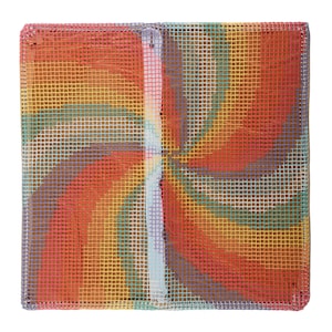 May include: Square, multi-colored rug with a grid pattern. The rug features a vibrant array of colors, including red, orange, yellow, green, and purple, arranged in a spiral design. The edges are finished with a darker trim.