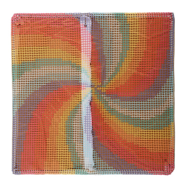May include: Square, multi-colored rug with a grid pattern. The rug features a vibrant array of colors, including red, orange, yellow, green, and purple, arranged in a spiral design. The edges are finished with a darker trim.