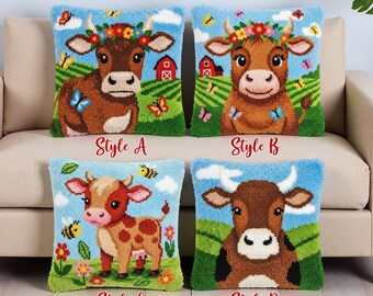 DIY Latch Hook Pillow Kit, Flower Crown Cow, Baby Calf, Pasture Cow Home Decor
