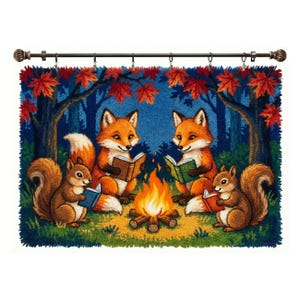 May include: A colorful, decorative rug featuring a woodland scene with two foxes and two squirrels gathered around a campfire, each reading a book. The background shows a forest with blue and green hues, and red maple leaves.