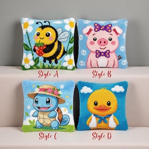 May include: Four decorative throw pillows with cartoon animal designs. Style A features a bee holding a strawberry. Style B shows a pig with a bow. Style C depicts a turtle wearing a hat. Style D displays a duck. Each pillow has the style name printed on it.