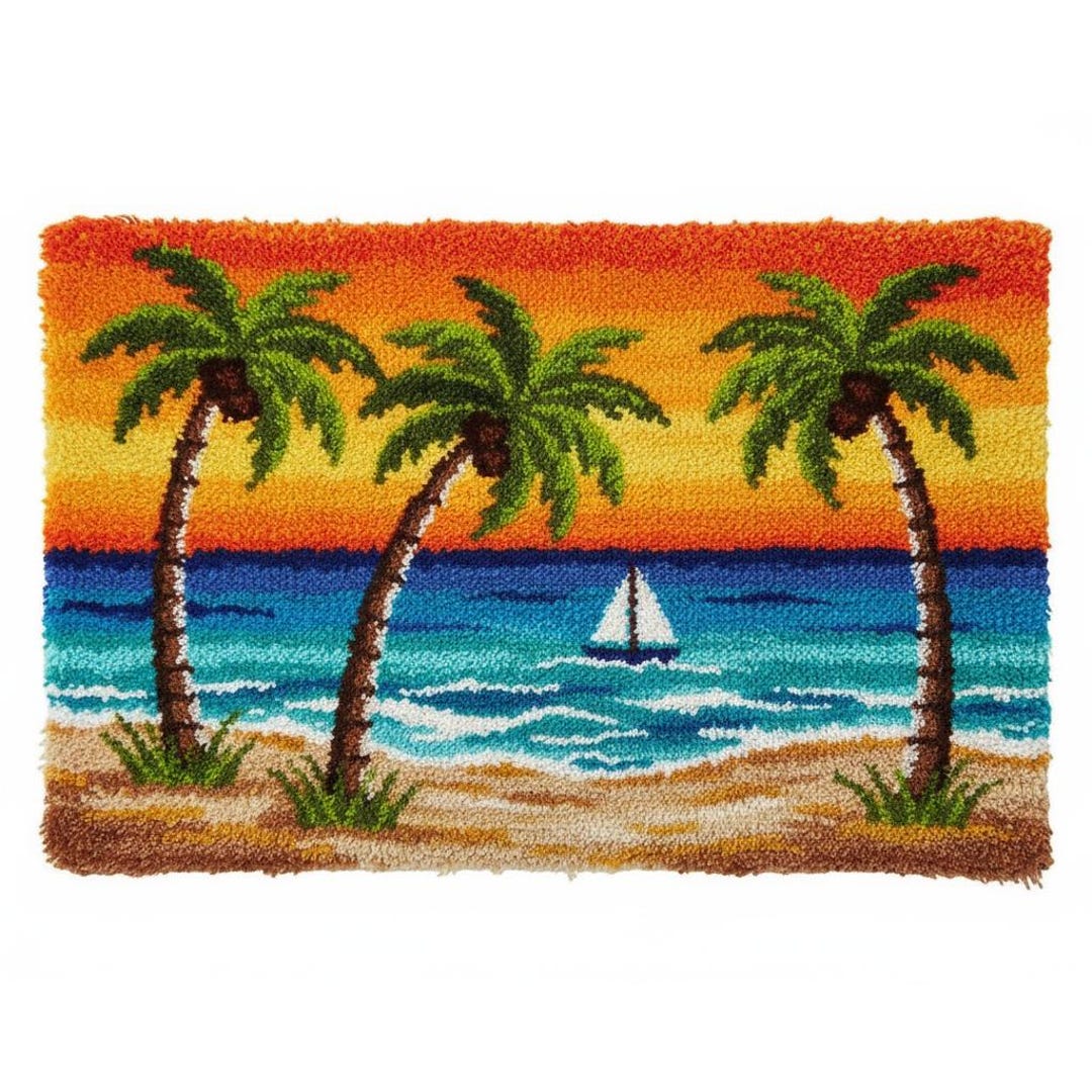 Beach Sunset Palm Tree Latch Hook Kit DIY Rug Making Kit Pre-printed ...