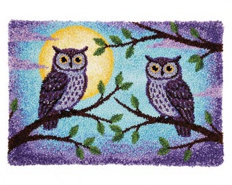 Night Owls on Branch Latch Hook Rug Kits Pre-Printed Canvas with Non-Slip Backing 102x69cm