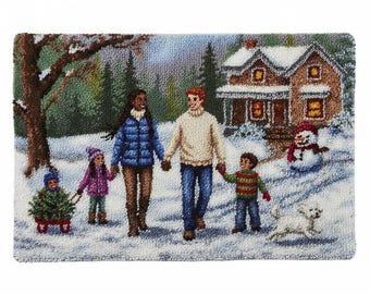 Winter Family Walk Latch Hook Rug Kits Pre-Printed Canvas with Non-Slip Backing 102x69cm