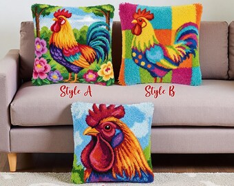 Farmhouse Rooster Latch Hook Kit Country Chicken Pillow Cover Kitchen Decor