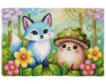 Kit di ganci a forma di volpe e fungo kawaii, kit per realizzare tappeti fai da te, tela prestampata 102 x 69 cm