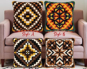 Boho Western Decor Latch Hook Pillow Kit Colorful Geometric Cushion Yarn Art