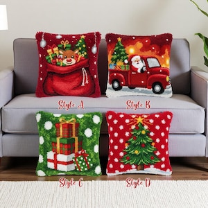 May include: Four decorative Christmas throw pillows. Style A features a reindeer in a sack of gifts. Style B shows Santa in a red truck with a Christmas tree. Style C has gifts on a green background. Style D has a Christmas tree on a red background.