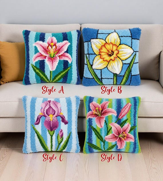 Spring Floral Latch Hook Cushion Kit Pink Lily Daffodil Iris