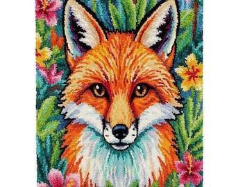 Tropical Floral Fox Latch Hook Kit DIY Rug Making Kit Pre-Printed Canvas 69x102cm
