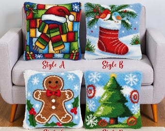 Patchwork Snowman Latch Hook Pillow Kit Colorful Geometric Cushion Case