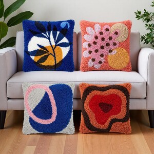 Earthy Tone Latch Hook Cushion Kit Leaf Flora Shape Wave Boho Bedroom Accent Decor