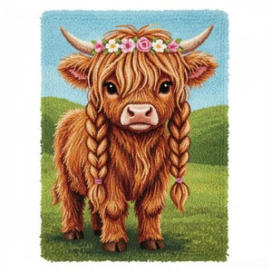 Könnte beinhalten: Ein entzückendes, flauschiges, braunes Highland-Rind mit geflochtenem Haar und einem Blumenkranz. Das Rind steht auf einem grünen Hügel vor blauem Himmel. Das Kunstwerk ist eine farbenfrohe, skurrile Darstellung.