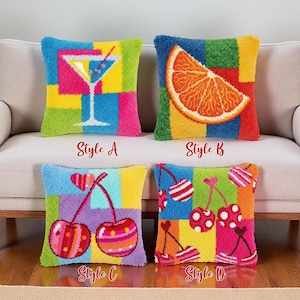 May include: Four decorative throw pillows with colorful, geometric designs. Styles include a cocktail, orange slice, and cherries. Each pillow has a textured, tufted appearance and is labeled with a style letter.