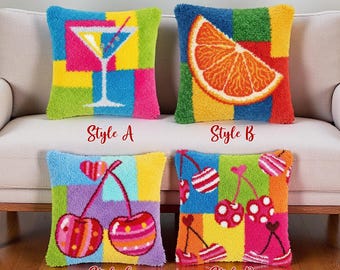 Klinkhaakkussenset: cocktailmartini, citrussinaasappel, zoete kersen, helder patchworkdecor