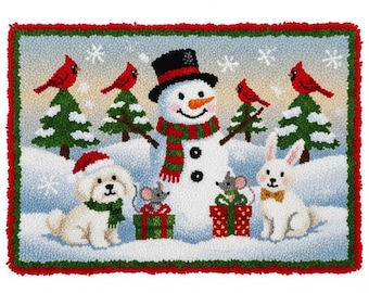 Snowman & Friends Latch Hook Rug Kits Pre-Printed Canvas with Non-Slip Backing 102x69cm