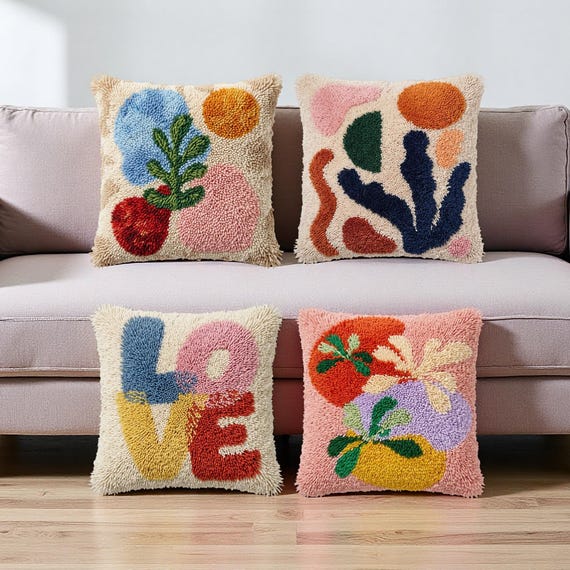 Abstract Floral Latch Hook Pillow Kit Vibrant Matisse Art Cushion Cover Gift