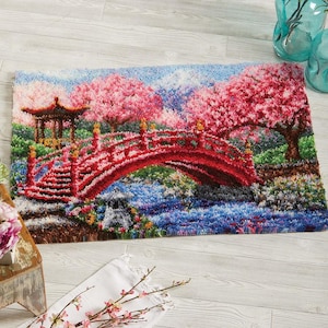 Kirschblüten Brücke Knüpfhaken Kit DIY Teppich Kit Vorbedruckte Leinwand 102 x 69 cm