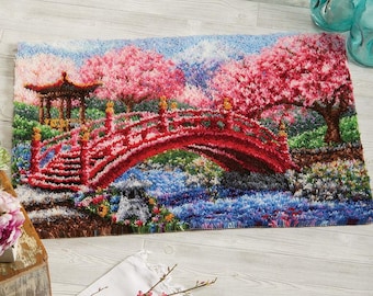 Cherry Blossom Bridge Latch Hook Kit DIY Rug Making Kit Pre-Printed Canvas 102x69cm