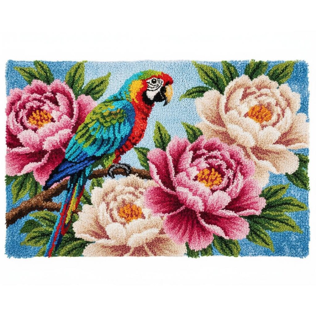 Parrot and Peony Latch Hook Rug Kits Pre-printed Canvas With Non-slip ...