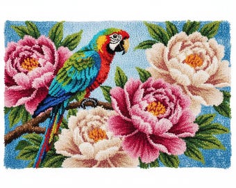 Parrot and Peony Latch Hook Rug Kits Pre-Printed Canvas with Non-Slip Backing 102x69cm