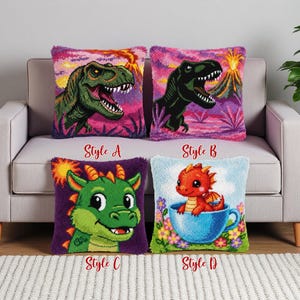 May include: Four decorative throw pillows with dinosaur and dragon designs. Styles include a green T-Rex, a black T-Rex, a green dragon, and a red dragon in a teacup. Each pillow has a different background color and the text "Style A", "Style B", "Style C", and "Style D".