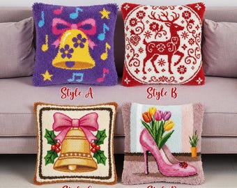 Christmas Bell Latch Hook Kit Pink Bow Holly Pillow Cover Holiday Decor