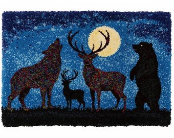 Moonlit Wildlife Latch Hook Rug Kits Pre-Printed Canvas with Non-Slip Backing 102x69cm