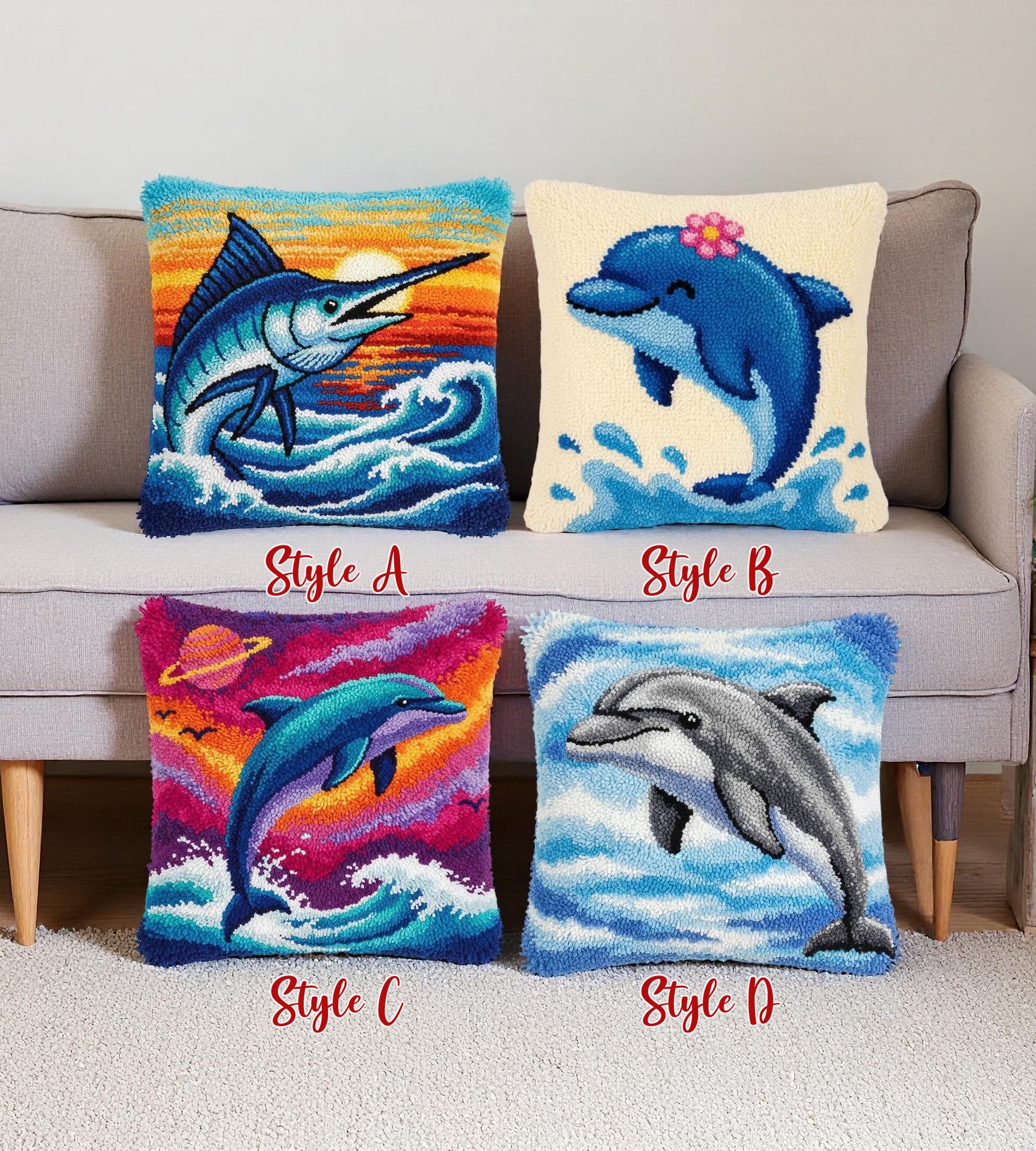 Latch Hook Pillow Kit, Ocean Scenes: Marlin Surf, Galaxy Dolphin