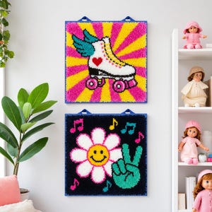 Roller Skate Flower Latch Hook Kit for Kids Retro Rug Craft Set of 2