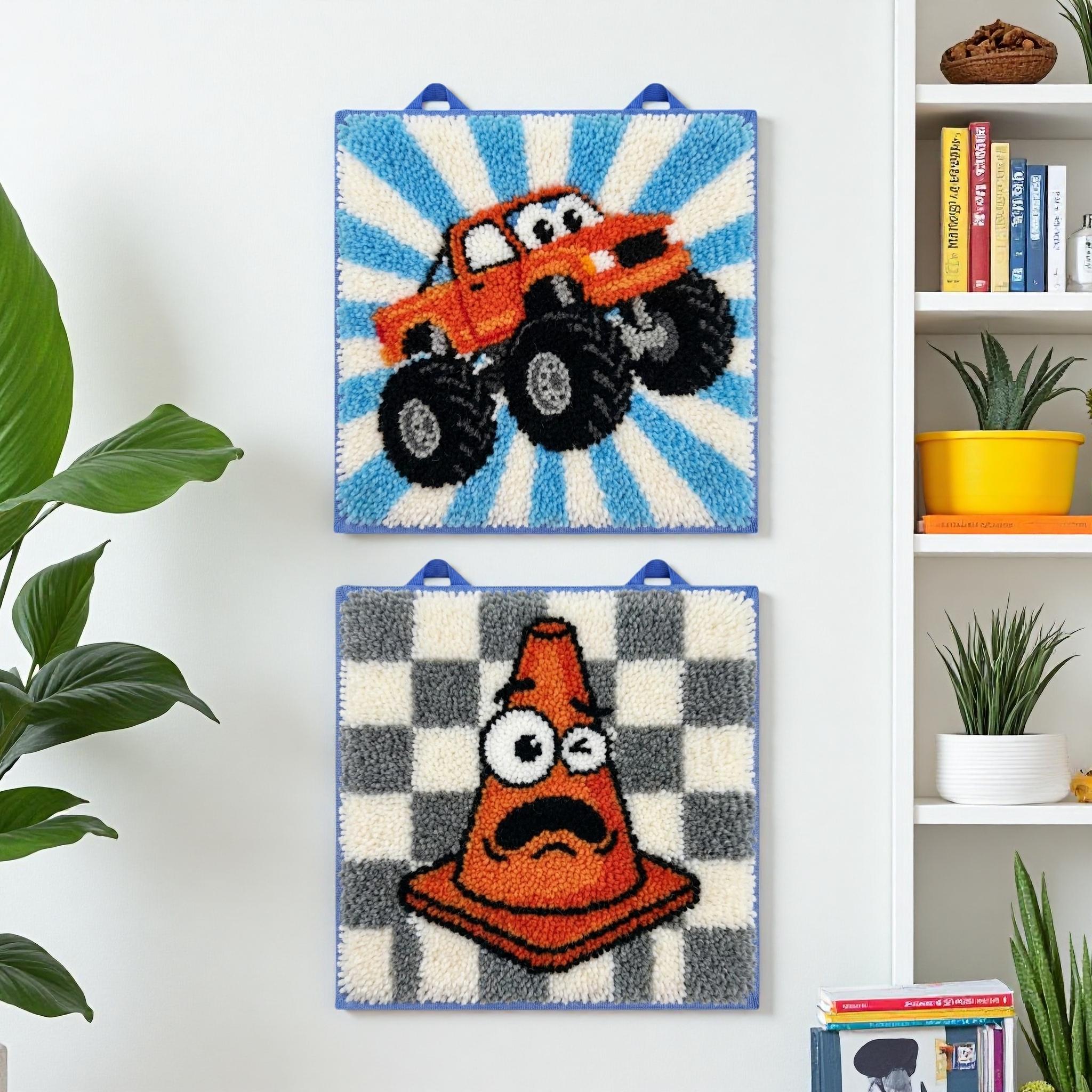 Monster Truck Cone Latch Hook Kit Easy DIY Rug Wall Hanging Set of