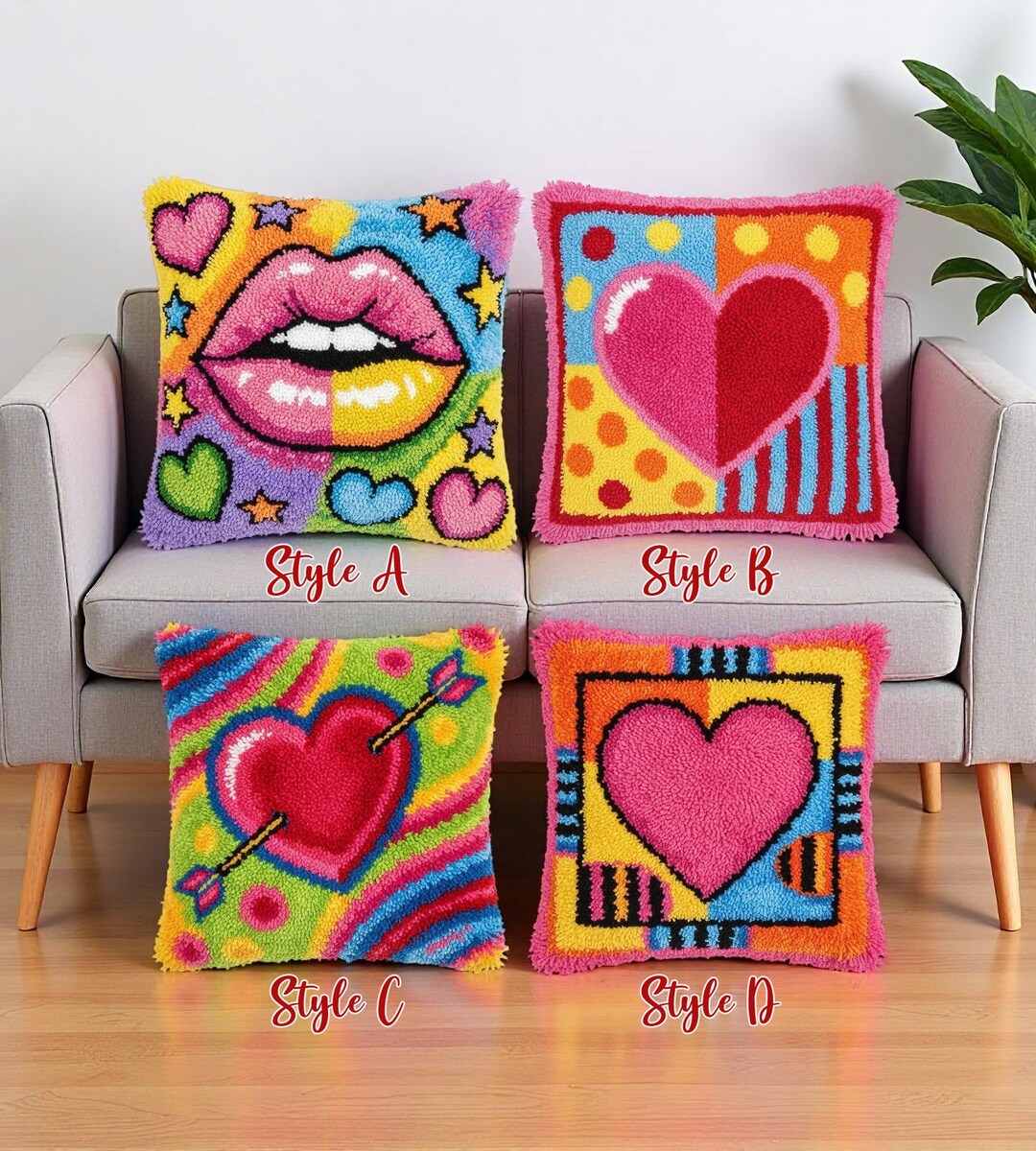 Retro Latch Hook Pillow Kits: Lips and Hearts, Cupid Arrow, Bright