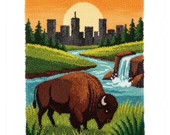 Buffalo Latch Hook Kit DIY Rug Making Kit Pre-Printed Canvas 55x75cm